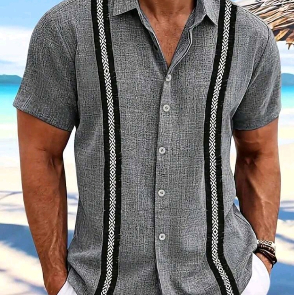 Mens 42(XL) Vintage Striped & Square Print Casual Short Sleeve Shirt For Men